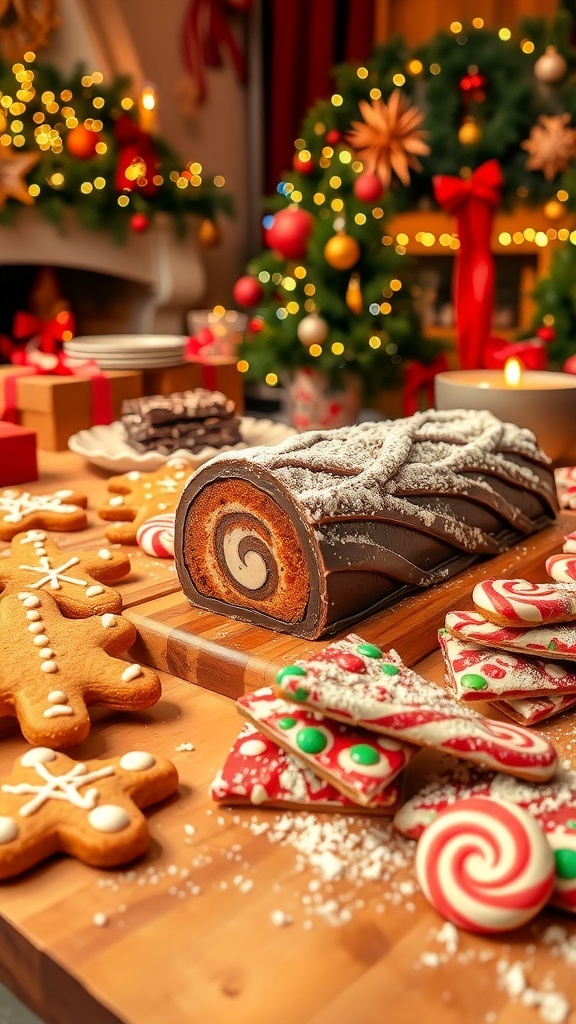 A festive table with gingerbread cookies, chocolate yule log, and peppermint bark for a Christmas baking party.